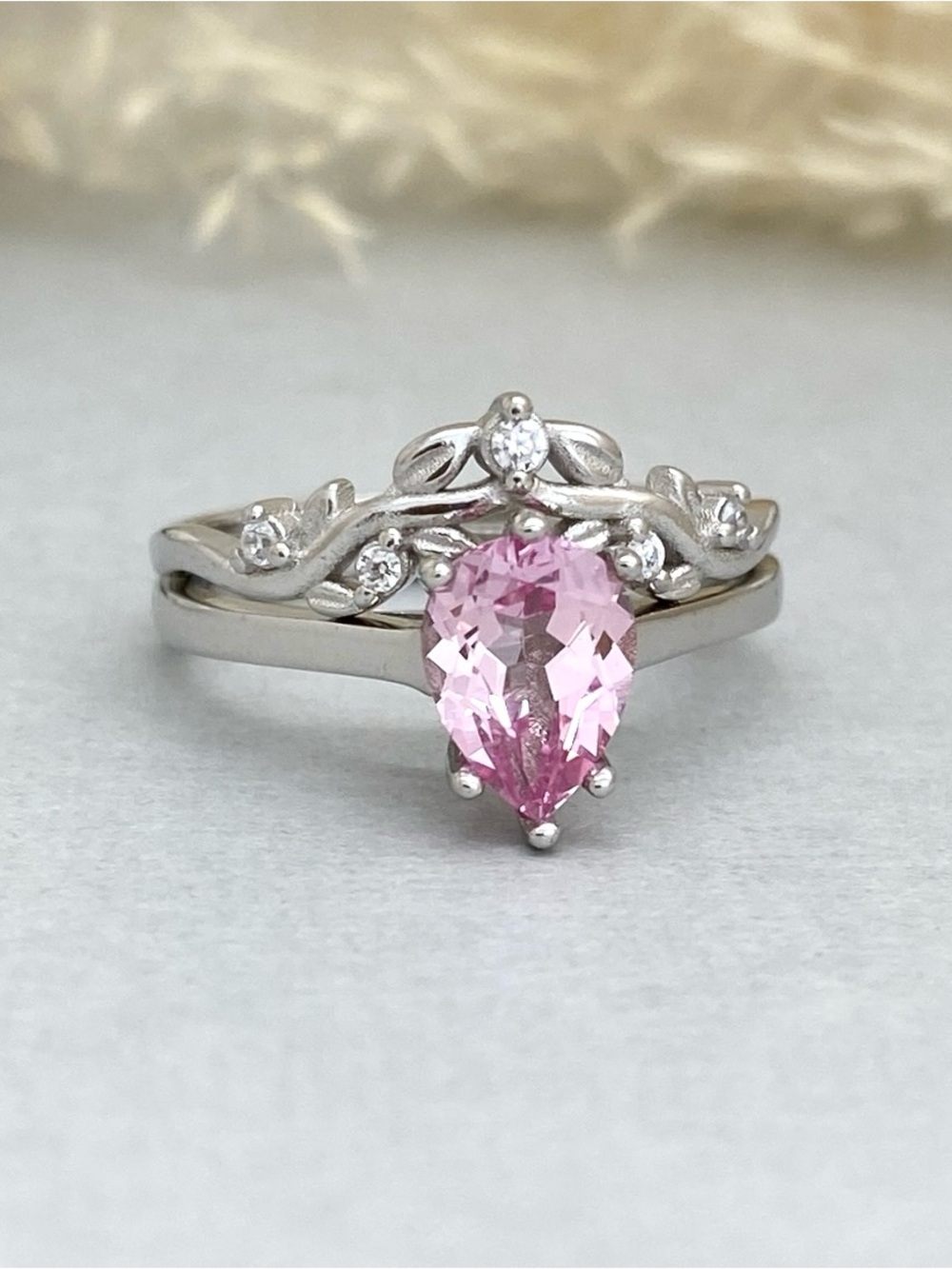 Pear Shape Pink Sapphire 2pc Stacked Sterling Silver Floral Leaves Band Ring Set